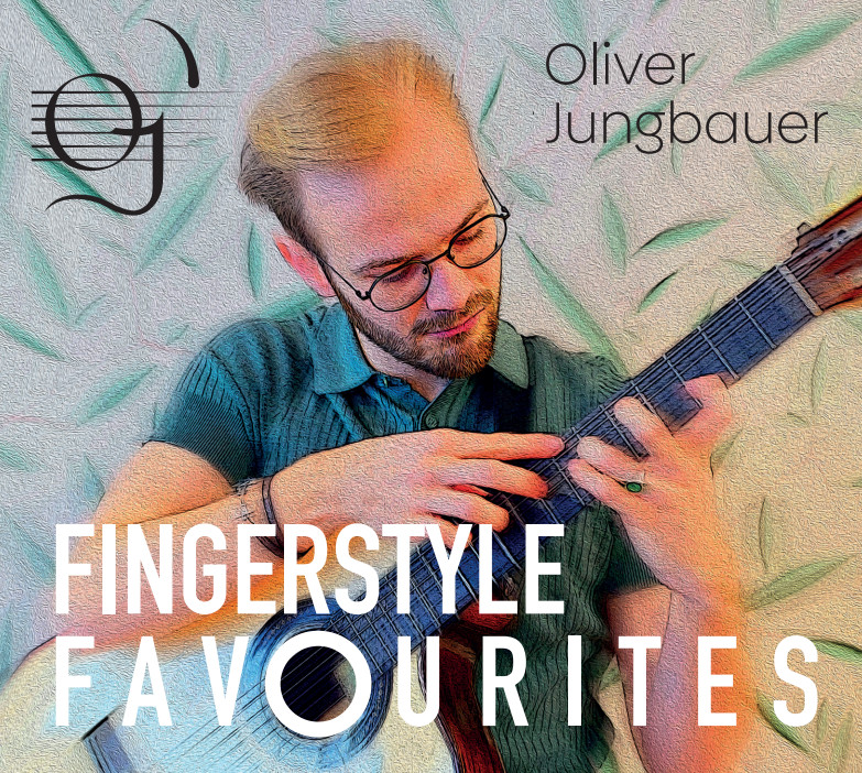 CD-Cover „Fingerstyle Favourites“: Oliver Jungbauer mit Gitarre, gemalt wirkende Farben in Türkis und Orange